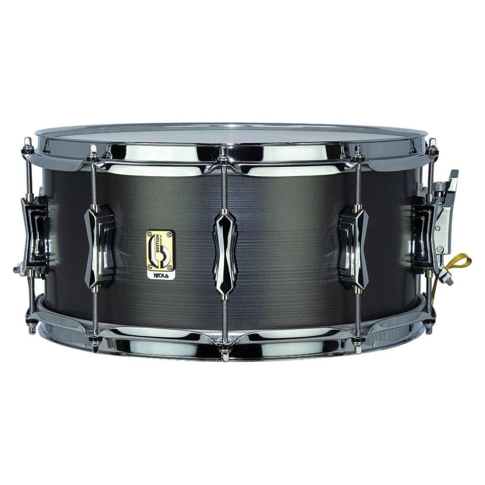 Front view of British Drum Co. Talisman Nicko McBrain Signature Snare Drum on white background