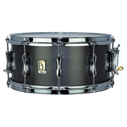Front view of British Drum Co. Talisman Nicko McBrain Signature Snare Drum on white background