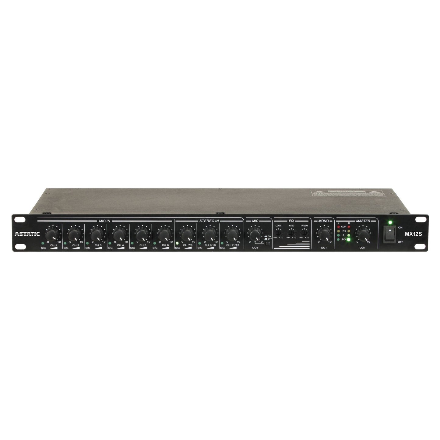 Front view of CAD Audio Astatic MX12S 12-Channel Rackmounted Mixer on white background