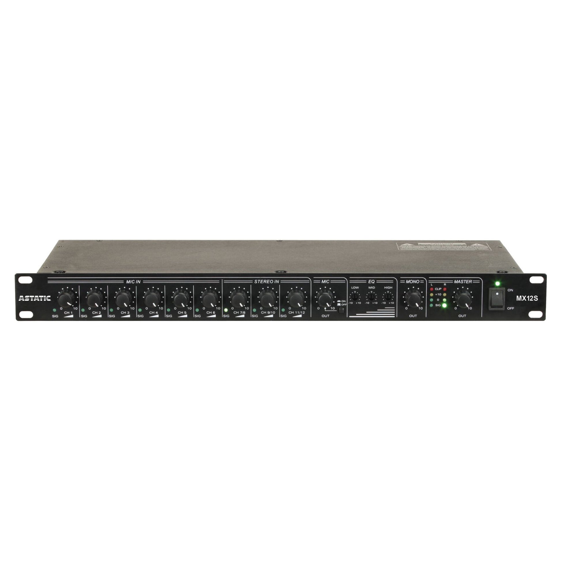 Front view of CAD Audio Astatic MX12S 12-Channel Rackmounted Mixer on white background