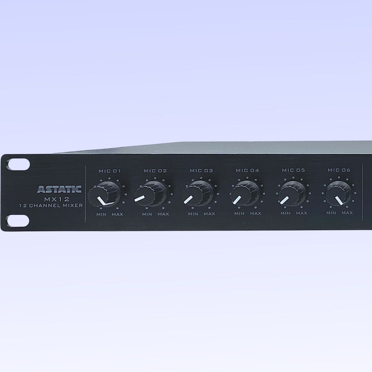 Close up front view of CAD Audio Astatic MX12S 12-Channel Rackmounted Mixer on purple background