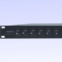 Close up front view of CAD Audio Astatic MX12S 12-Channel Rackmounted Mixer on purple background