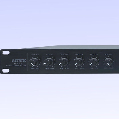 Close up front view of CAD Audio Astatic MX12S 12-Channel Rackmounted Mixer on purple background