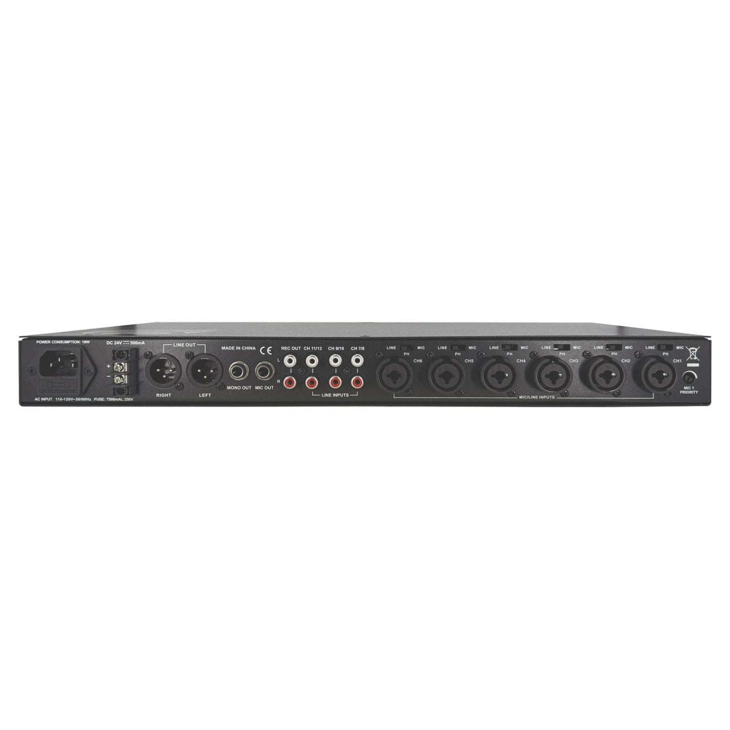 Rear ports view of CAD Audio Astatic MX12S 12-Channel Rackmounted Mixer on white background