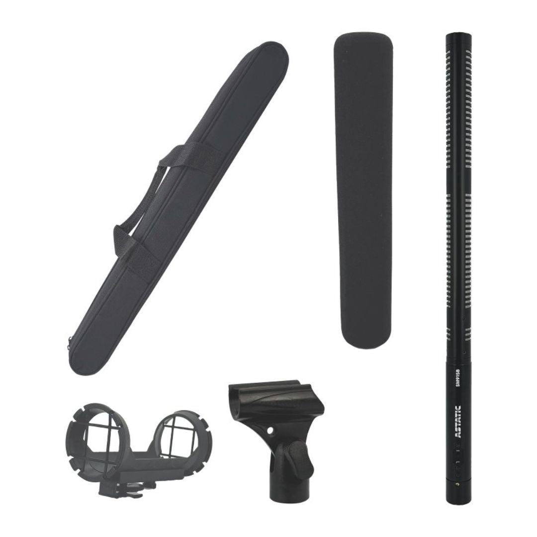 Inclusions of CAD Audio Astatic SM915B Battery-Powered Shotgun Microphone on white background