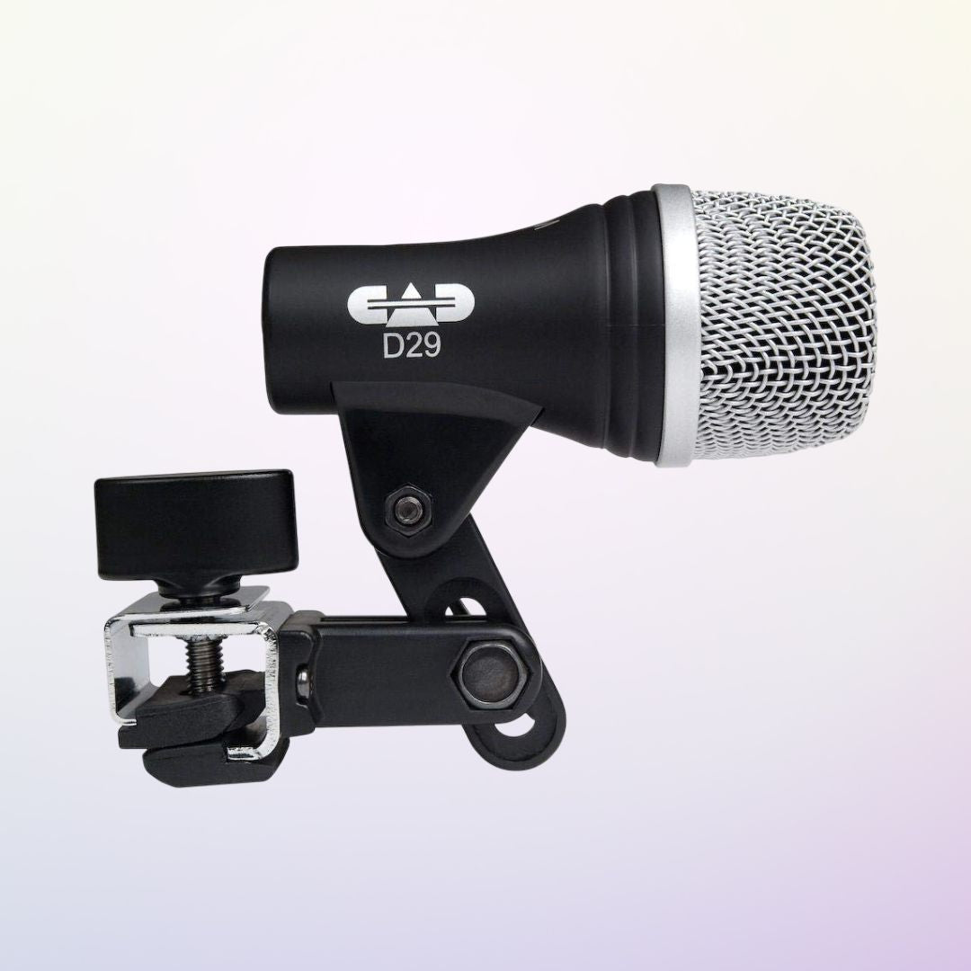 Side view of CAD Audio D29 Cardioid Dynamic Instrument Microphone on purple background