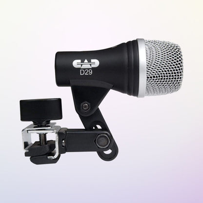 Side view of CAD Audio D29 Cardioid Dynamic Instrument Microphone on purple background