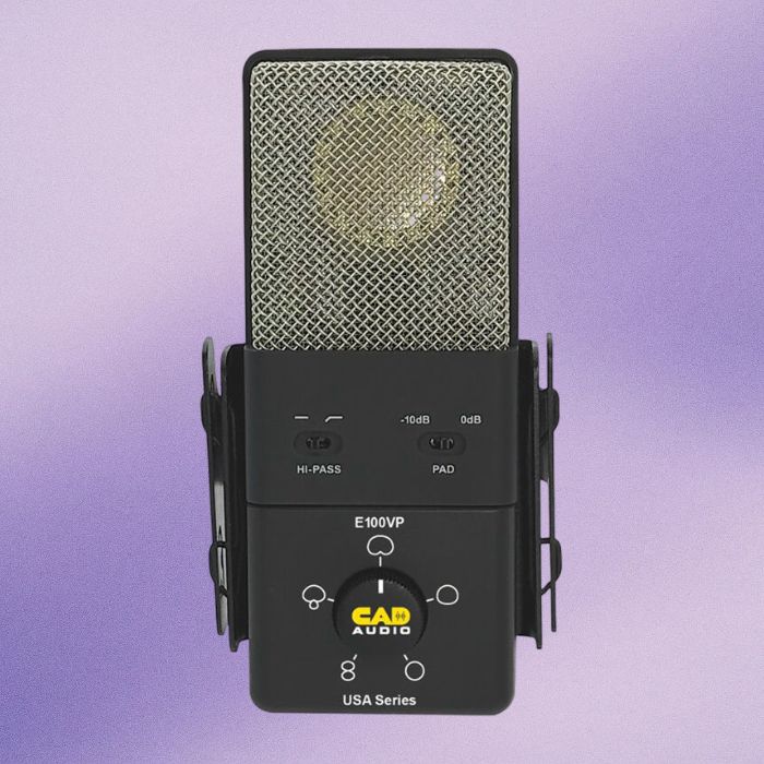 Front view of CAD Audio E100VP USA Series Variable Pattern Condenser Microphone on purple background