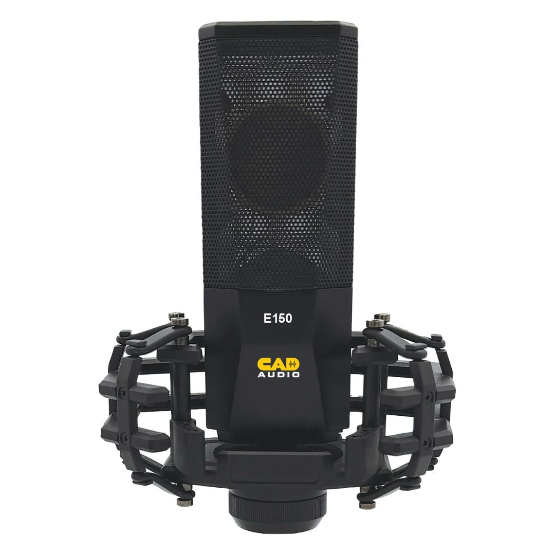 Front view of CAD Audio E150 Large-Diaphragm Cardioid Condenser Microphone on shock mount on white background