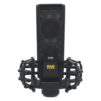 Front view of CAD Audio E150 Large-Diaphragm Cardioid Condenser Microphone on shock mount on white background