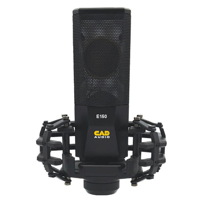 Front view of CAD Audio E150 Large-Diaphragm Cardioid Condenser Microphone on shock mount on white background