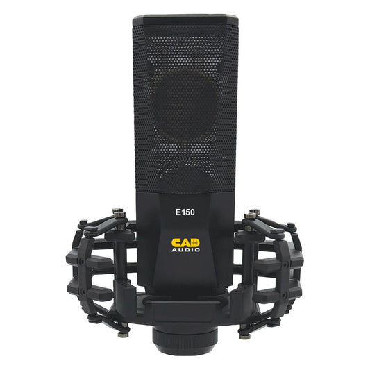 Front view of CAD Audio E150 Large-Diaphragm Cardioid Condenser Microphone on shock mount on white background