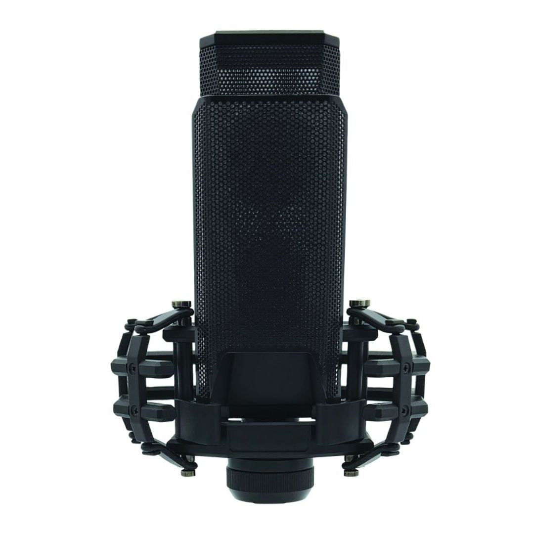 Front view of CAD Audio E150 Large-Diaphragm Cardioid Condenser Microphone on shock mount with windscreen attached on white background
