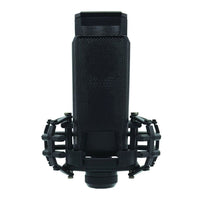 Front view of CAD Audio E150 Large-Diaphragm Cardioid Condenser Microphone on shock mount with windscreen attached on white background