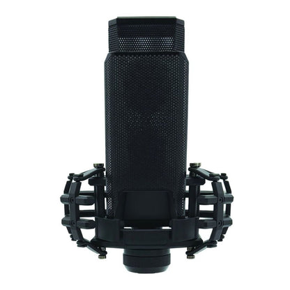 Front view of CAD Audio E150 Large-Diaphragm Cardioid Condenser Microphone on shock mount with windscreen attached on white background