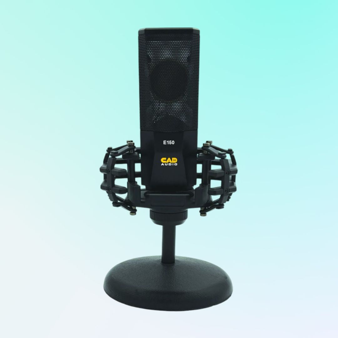 Front view of CAD Audio E150 Large-Diaphragm Cardioid Condenser Microphone on shock mount and mic stand on blue background