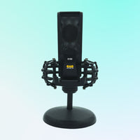 Front view of CAD Audio E150 Large-Diaphragm Cardioid Condenser Microphone on shock mount and mic stand on blue background
