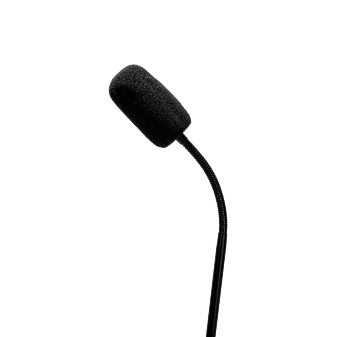 Close up view of CAD Audio GN18VP 18” Variable Polar Pattern Gooseneck Microphone mic head with wind screen attached on white background