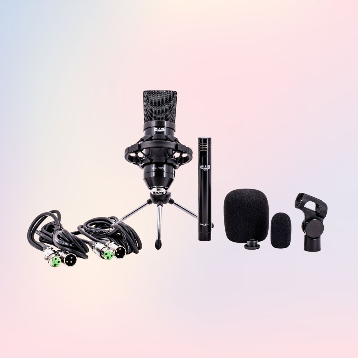 Inclusions of CAD Audio GXL1800SP Large & Small Diaphragm Condenser Microphone Pack on pink and purple background