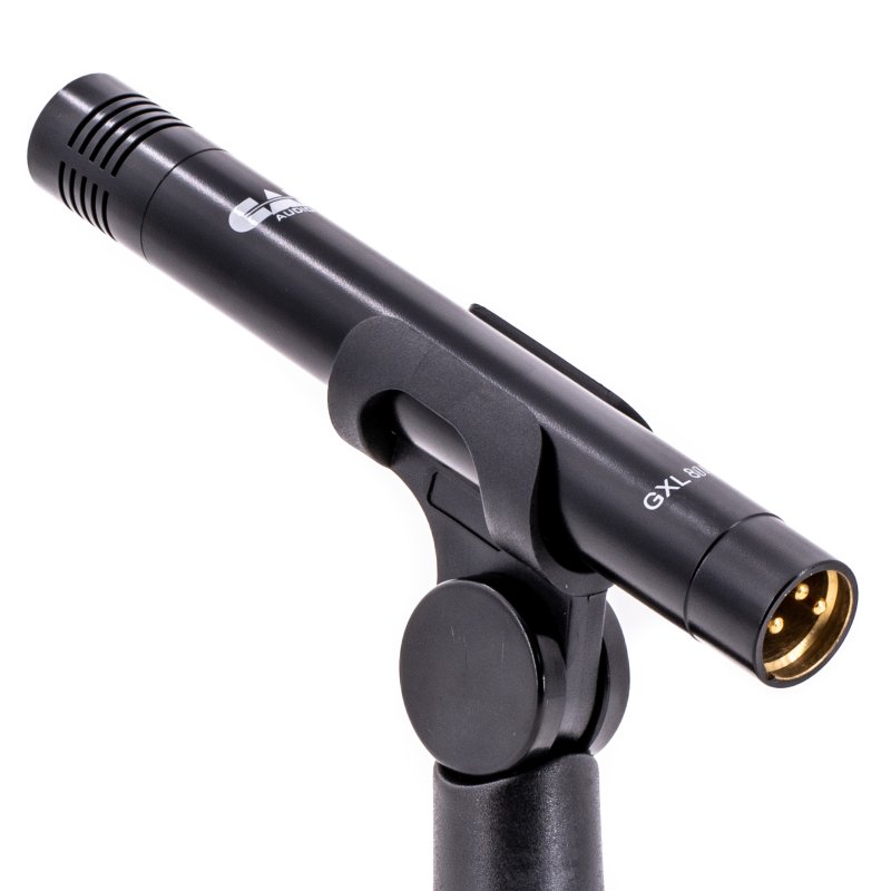 Angled view of CAD Audio GXL800 Small Diaphragm Pencil Condenser Microphone while mounted on white background