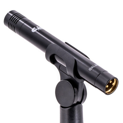 Angled view of CAD Audio GXL800 Small Diaphragm Pencil Condenser Microphone while mounted on white background
