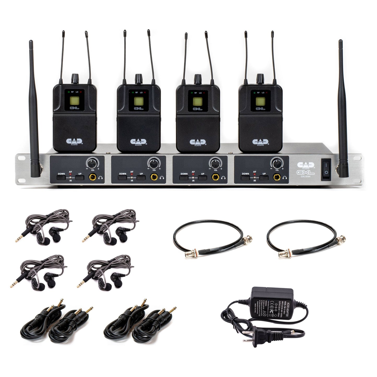 Inclusions of CAD Audio GXLIEM4 Quad-Mix Wireless In-Ear Monitoring System on white background