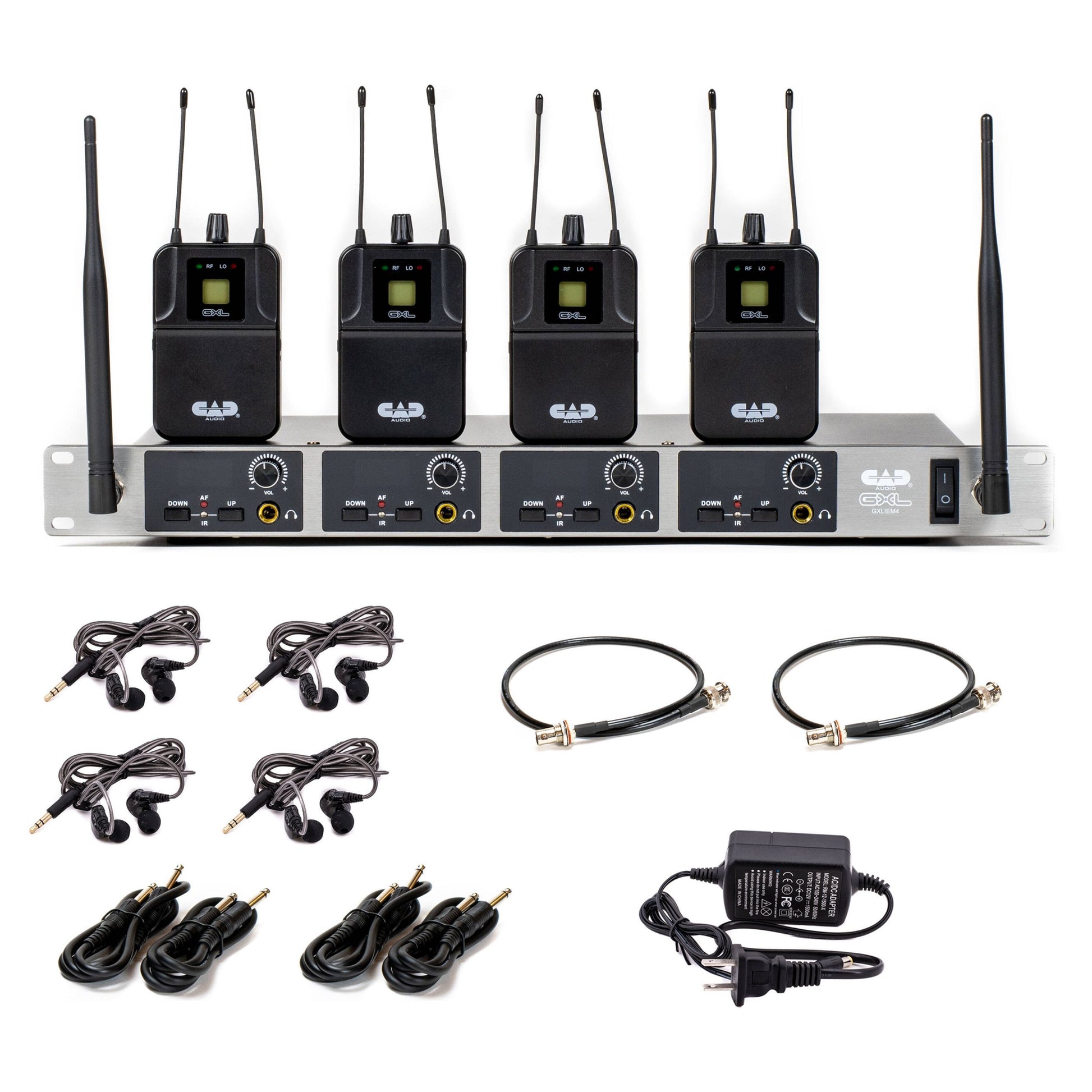 Inclusions of CAD Audio GXLIEM4 Quad-Mix Wireless In-Ear Monitoring System on white background