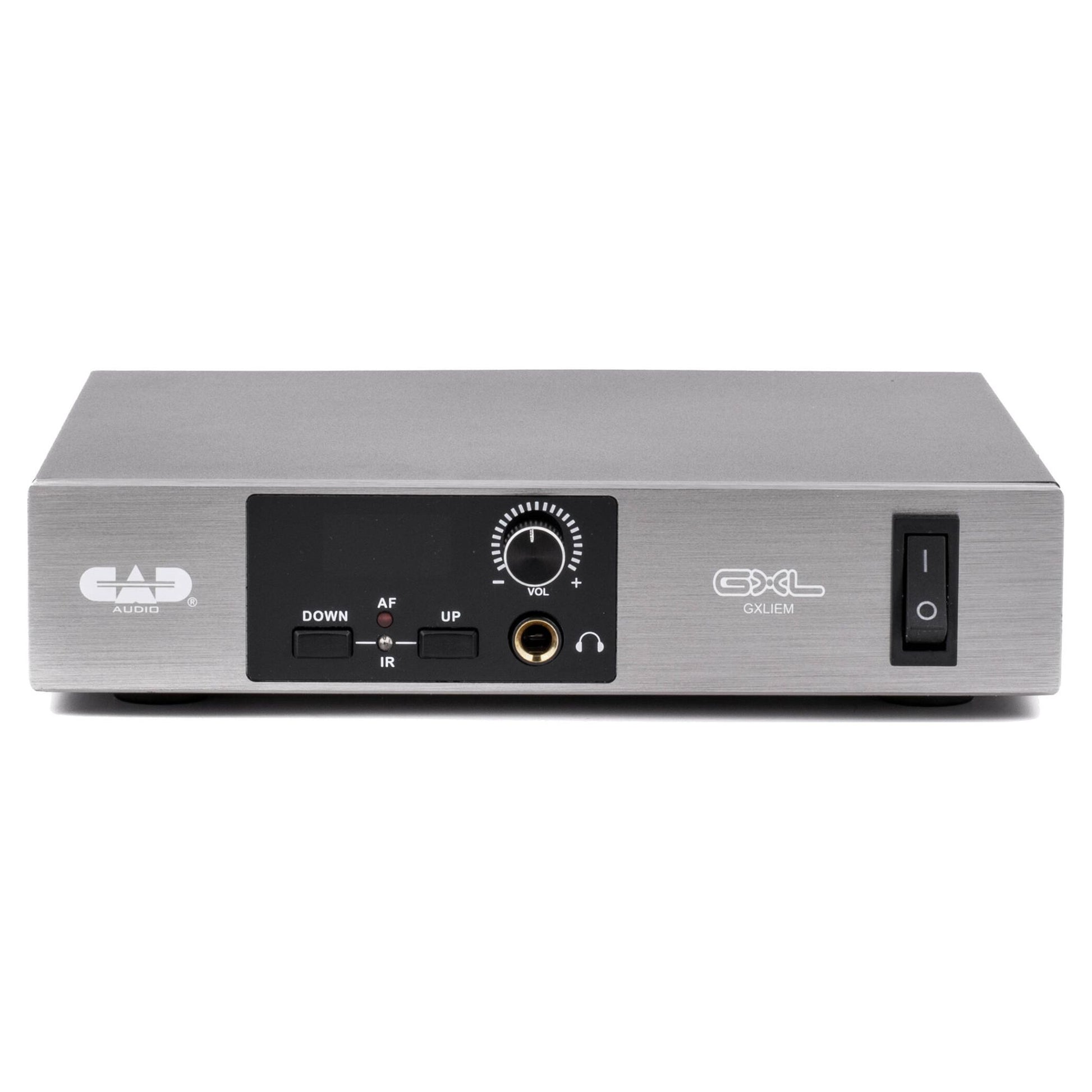 Front view of transmitter of CAD Audio GXLIEM Single-Mix Wireless IEM System on white background