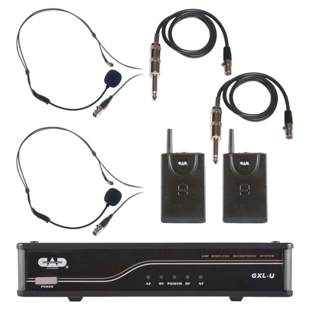 Inclusions of CAD Audio GXLUBBK UHF Wireless Dual Bodypack Microphone System on white background