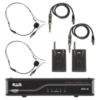 Inclusions of CAD Audio GXLUBBK UHF Wireless Dual Bodypack Microphone System on white background