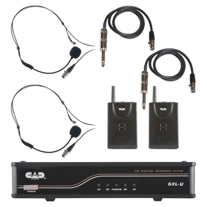 Inclusions of CAD Audio GXLUBBK UHF Wireless Dual Bodypack Microphone System on white background