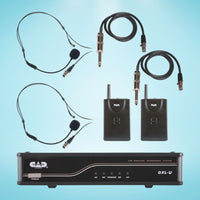 Inclusions of CAD Audio GXLUBBK UHF Wireless Dual Bodypack Microphone System on blue background