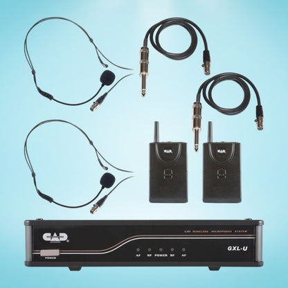 Inclusions of CAD Audio GXLUBBK UHF Wireless Dual Bodypack Microphone System on blue background