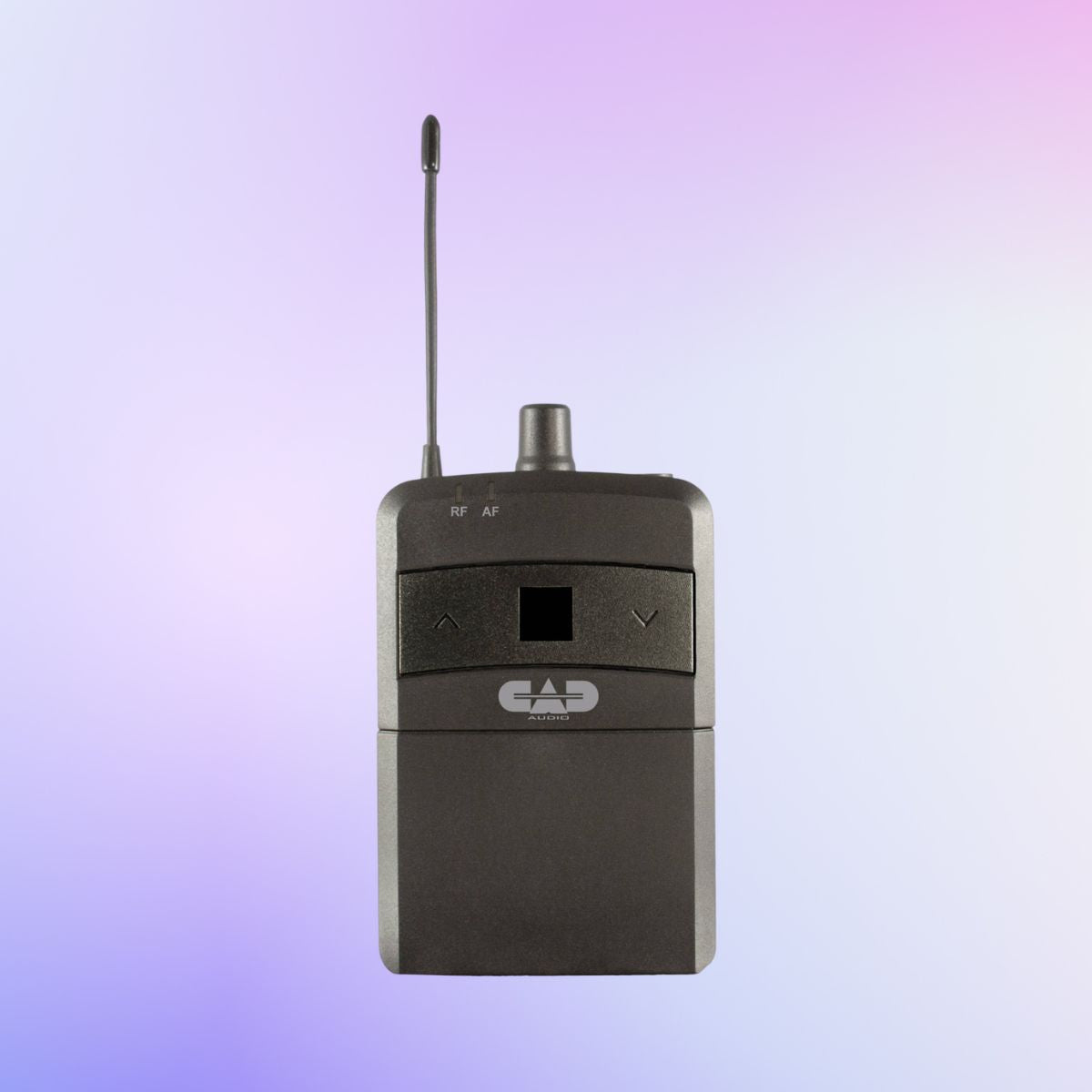 Front view of CAD Audio IEMBP for Stagepass IEM Wireless System, 520-542 MHz on gradient purple background