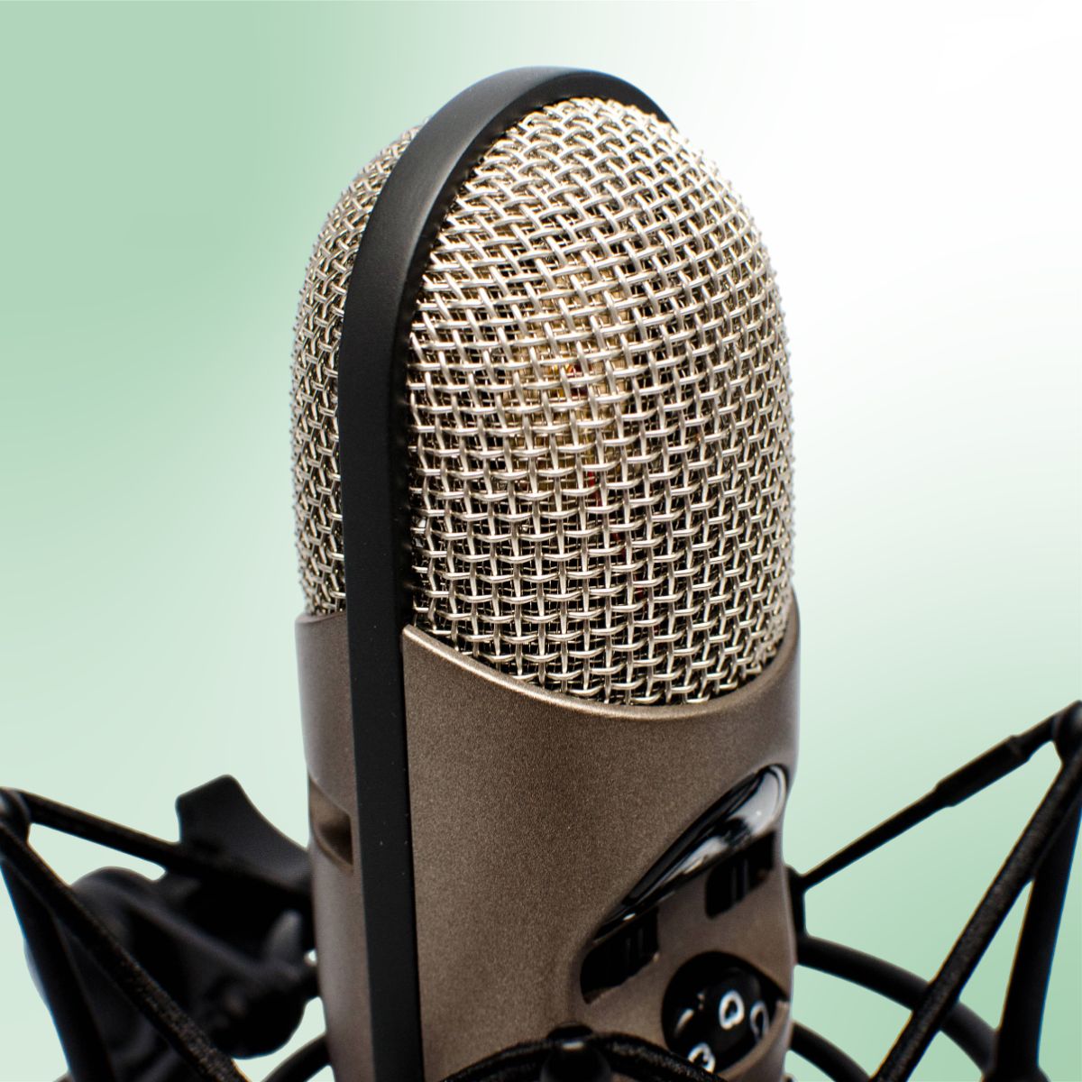 Angled close up view of CAD Audio M179 Large Diaphragm Multipattern Condenser Microphone on green background