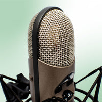 Angled close up view of CAD Audio M179 Large Diaphragm Multipattern Condenser Microphone on green background