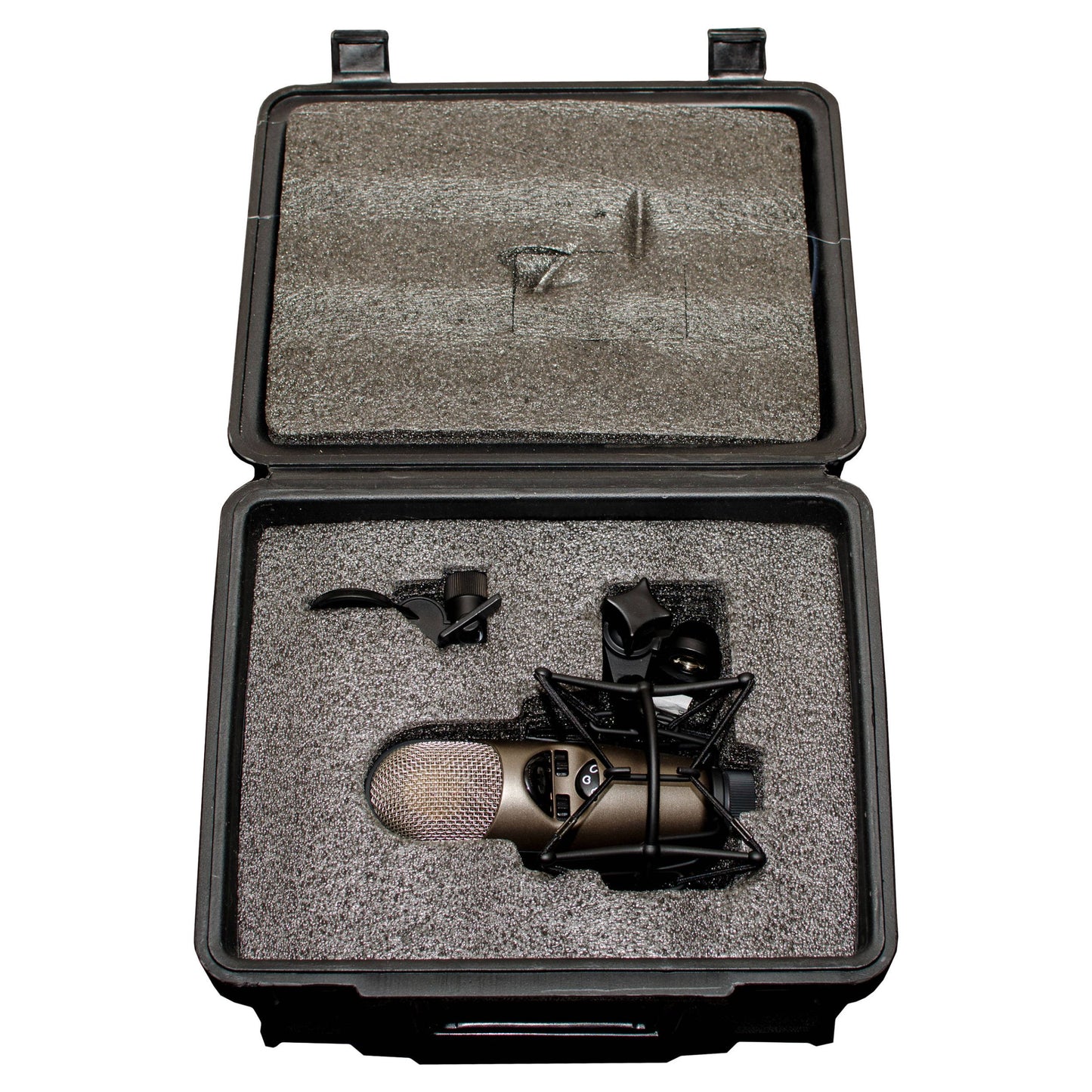 Top view of CAD Audio M179 Large Diaphragm Multipattern Condenser Microphone carrying case with inclusions on white background