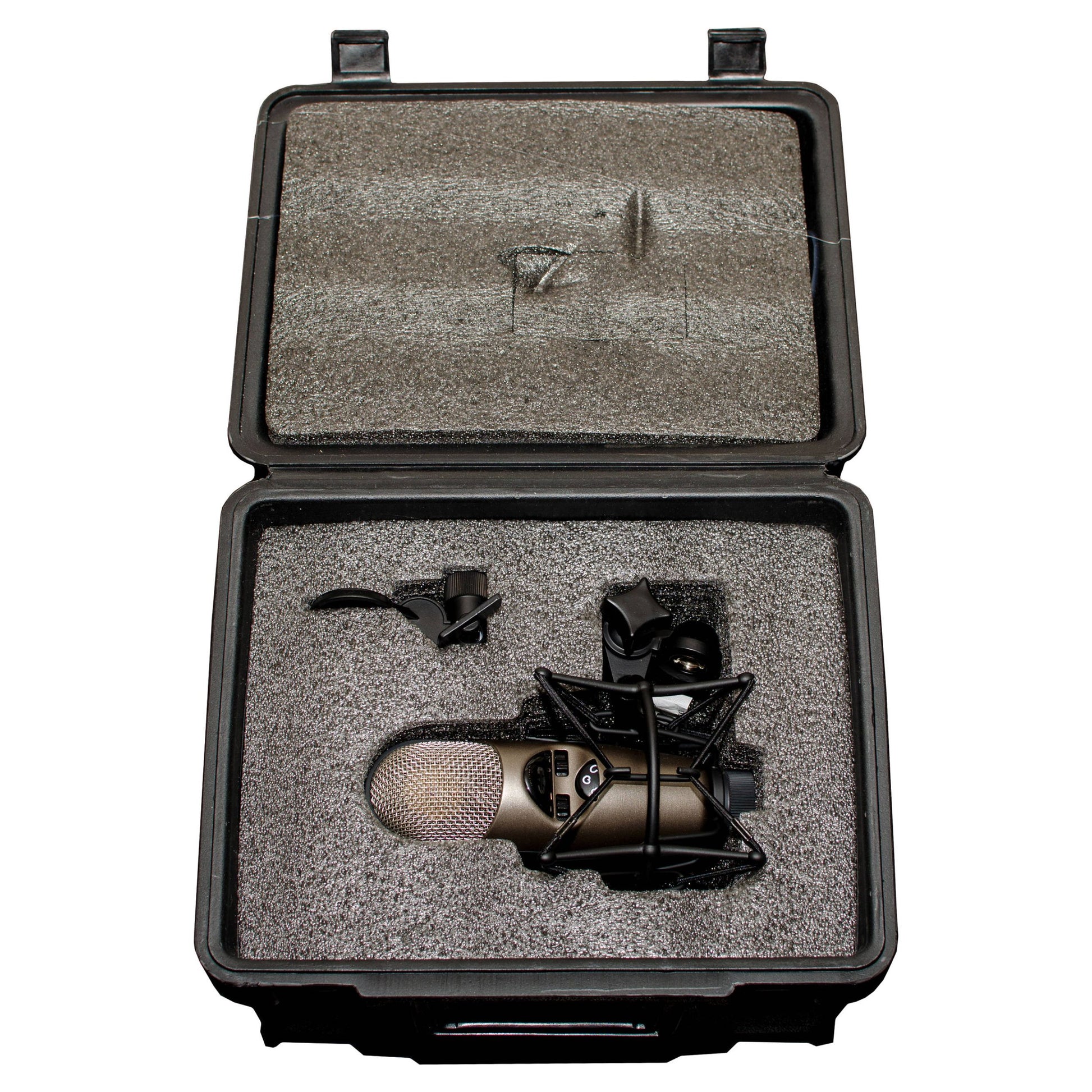 Top view of CAD Audio M179 Large Diaphragm Multipattern Condenser Microphone carrying case with inclusions on white background