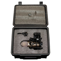 Top view of CAD Audio M179 Large Diaphragm Multipattern Condenser Microphone carrying case with inclusions on white background