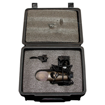 Top view of CAD Audio M179 Large Diaphragm Multipattern Condenser Microphone carrying case with inclusions on white background