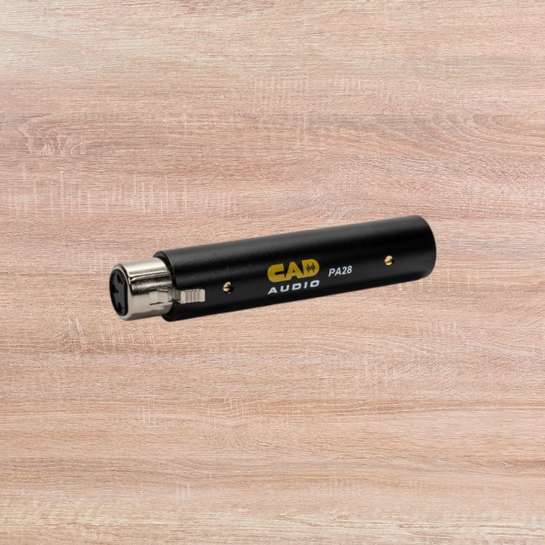 Front view of CAD Audio PA28 Inline Preamp for Dynamic and Ribbon Microphones on wooden background