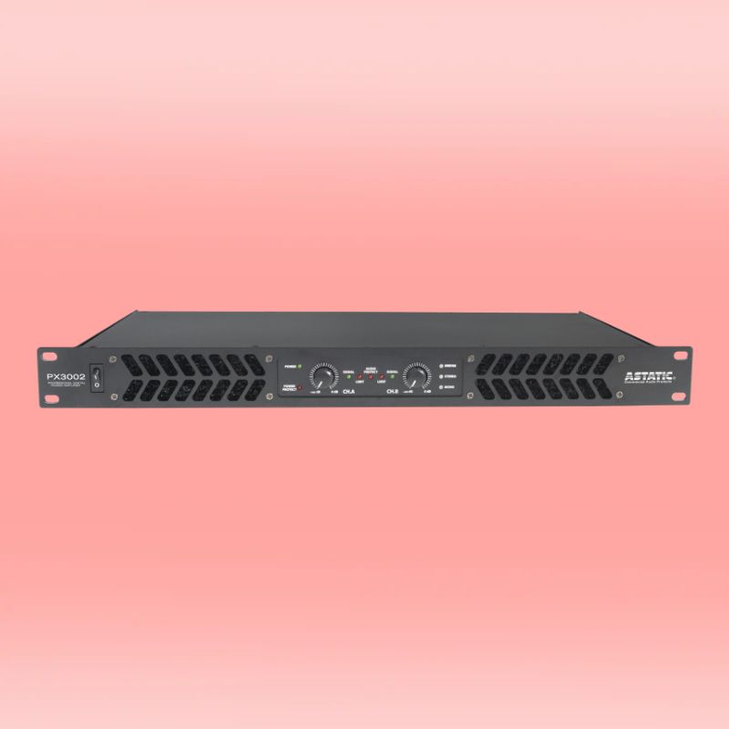 Front view of CAD Audio PX3002 300W 2-Channel Power Amplifier on peach pink background