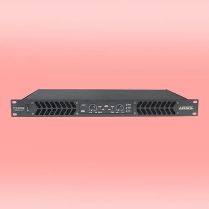 Front view of CAD Audio PX3002 300W 2-Channel Power Amplifier on peach pink background