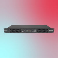 Front view of CAD Audio PX5002 500W 2-Channel Power Amplifier on blue and red gradient background