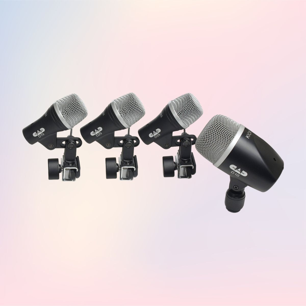 Inclusions of CAD Audio Stage4 Drum Microphone Pack on pink and purple gradient background