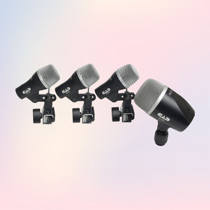 Inclusions of CAD Audio Stage4 Drum Microphone Pack on pink and purple gradient background