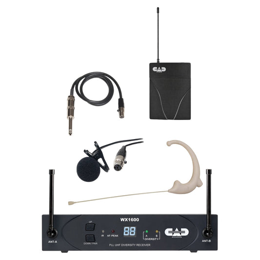 Inclusions of CAD Audio StageSelect WX1610 Wireless Bodypack System, 542-564 MHz on white background