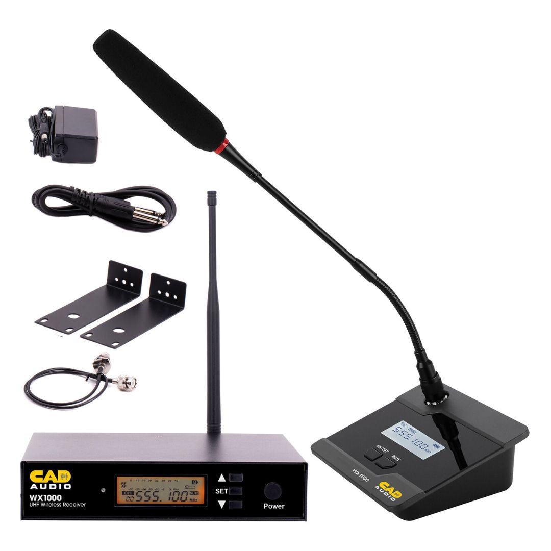 Front view of CAD Audio WX1000 Wireless Microphone System Gooseneck Microphone with all its inclusions on white background