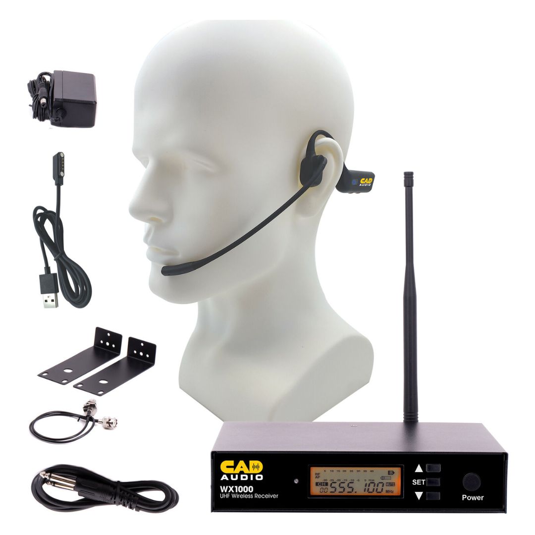Front view of CAD Audio WX1000 Wireless Microphone System Headworn Microphone with all its inclusions on white background