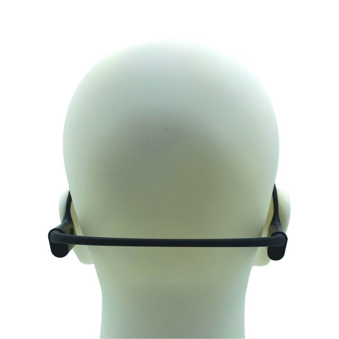 Rear view of CAD Audio WX1000 Wireless Microphone System Headworn Microphone with all its inclusions on mannequin head on white background